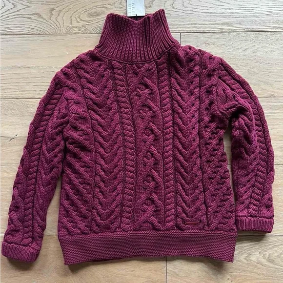 New Burberry Brit Burgundy Turtleneck Cable Knit Sweater, size L (fits like M)